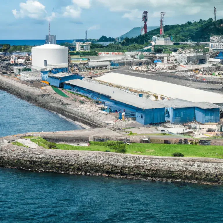 Cette image présente une infrastructure portuaire, probablement une gare maritime en Guadeloupe , avec des installations industrielles et des entrepôts situés au bord de l'eau. Le site est entouré de collines verdoyantes, et en arrière-plan, on peut apercevoir des équipements industriels et des grues. La mer, calme et bleue, borde le port, qui semble être un point stratégique pour les échanges maritimes et les déplacements inter-îles.