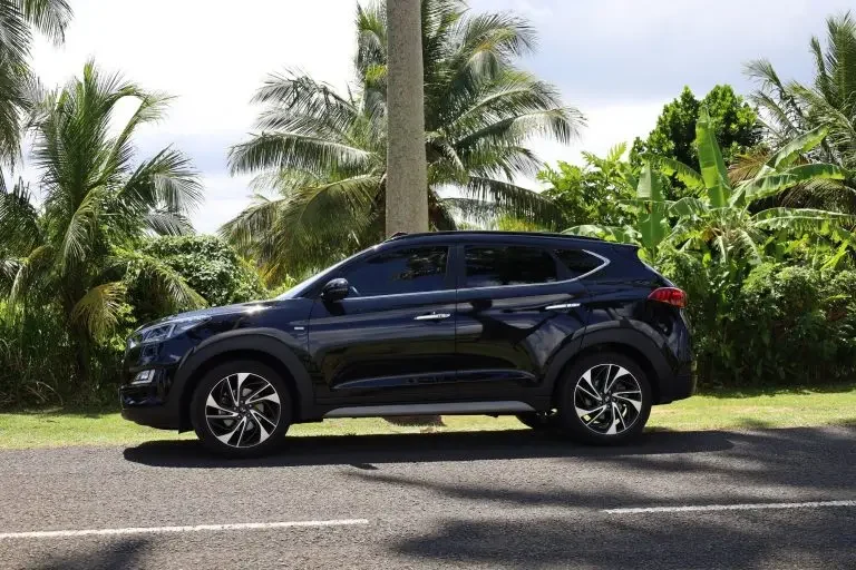 Cette image présente un véhicule qui pourrait être typique pour un service de VTC (Voiture de Transport avec Chauffeur) en Guadeloupe. C'est un SUV de couleur noire, moderne, avec des finitions chromées et des jantes en alliage. Le véhicule est garé sur le côté d'une route, entouré d'un paysage verdoyant avec de nombreux palmiers et autres plantes tropicales, typiques de la Guadeloupe. Cette configuration illustre un cadre idéal pour les services de transport confortables et élégants, offrant aux passagers une expérience agréable tout en traversant les magnifiques paysages de l'île.